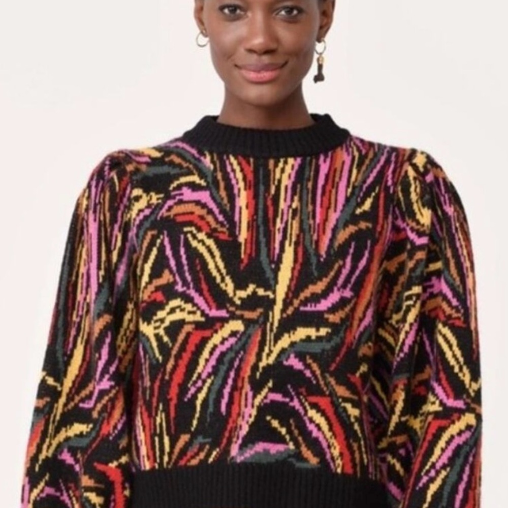 Farm Rio Women’s Shiny Zebra Intarsia Knit Sweater Multicolor Sz M Puff Sleeves